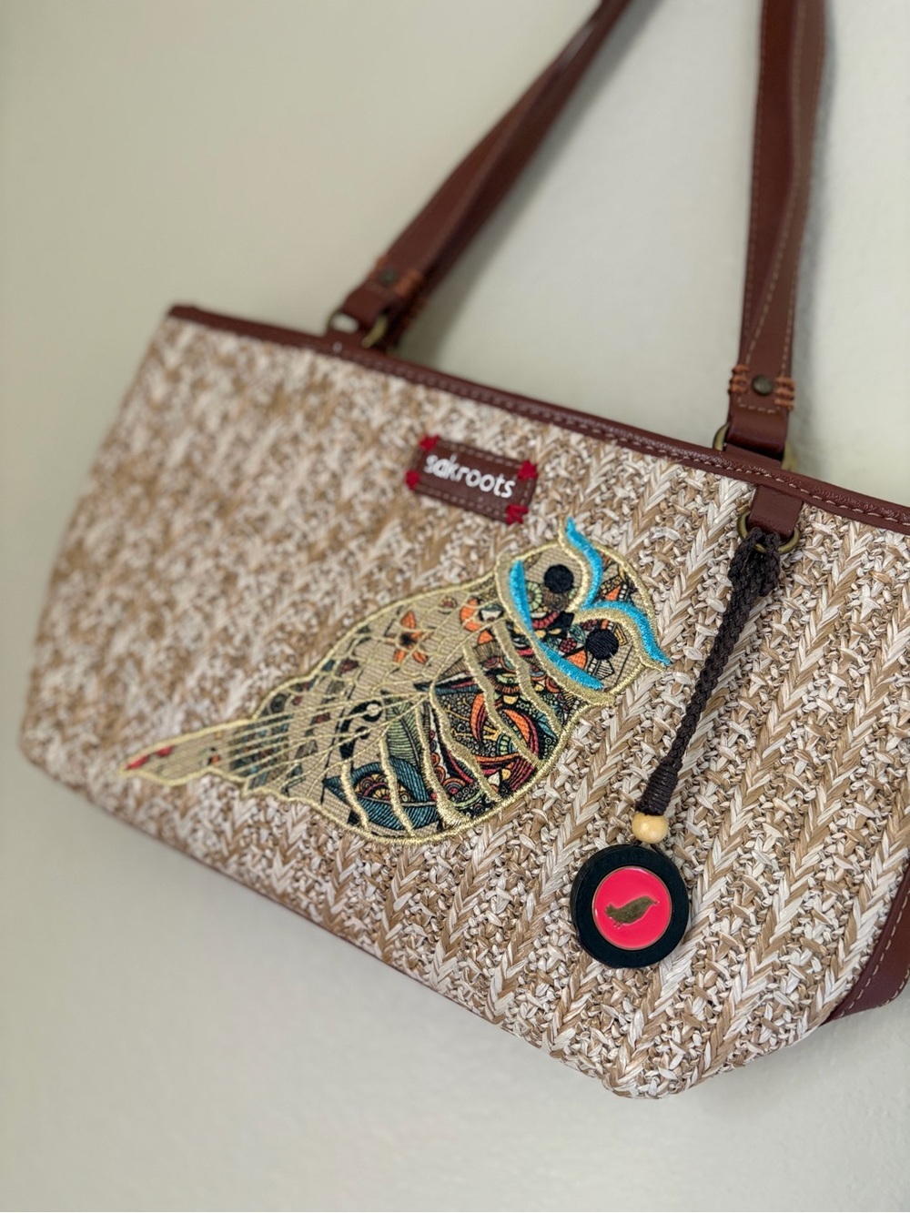 Sakroots Owl Straw Tote Shoulder Bag Woven Raffia Peace Charm Boho - Picture 1 of 15